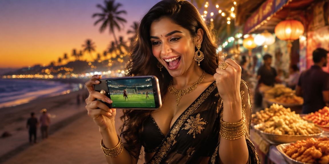 Goa beach with mobile casino gaming on screen