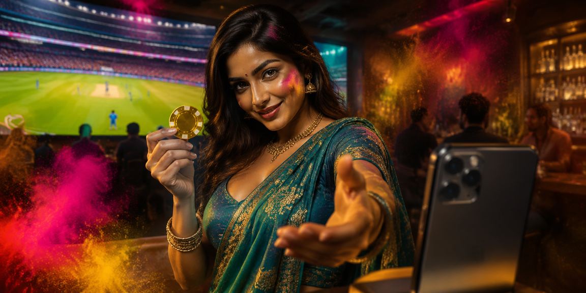 Indian woman placing bets on cricket with phone in traditional saree